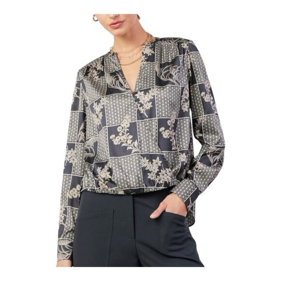 Current Air Anthropologie Black/Taupe Silk Surplus Blouse Medium Mandarin Collar - Picture 1 of 10